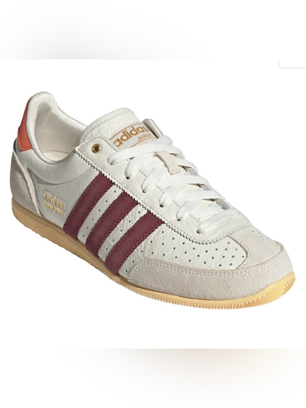 NIB adidas Japan Leather Sneaker in Off-White with Maroon Stripes & Gold Accents